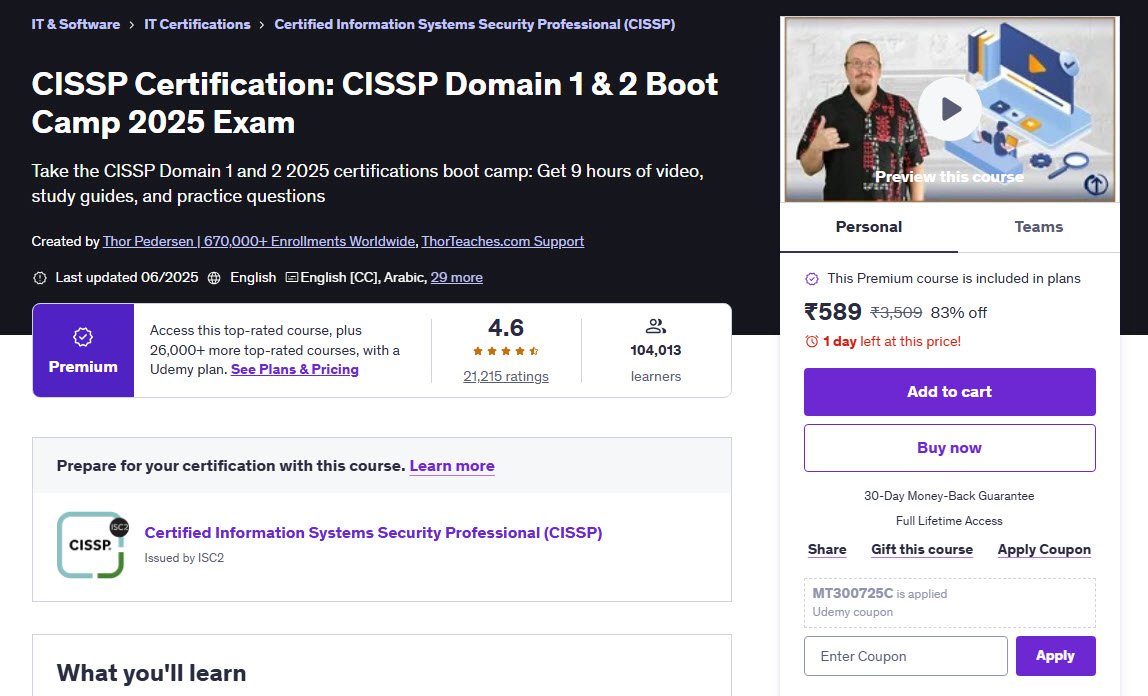 CISSP Certification - CISSP Domain 1 & 2 Boot Camp 2025 Exam