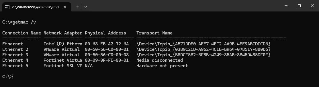 getmac command - howsnip
