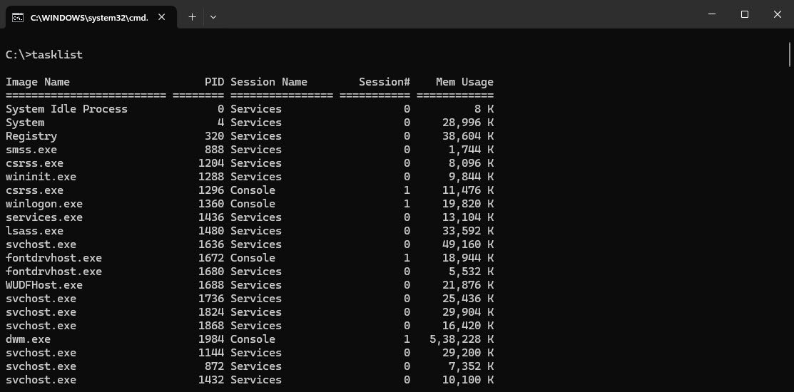 tasklist command - howsnip