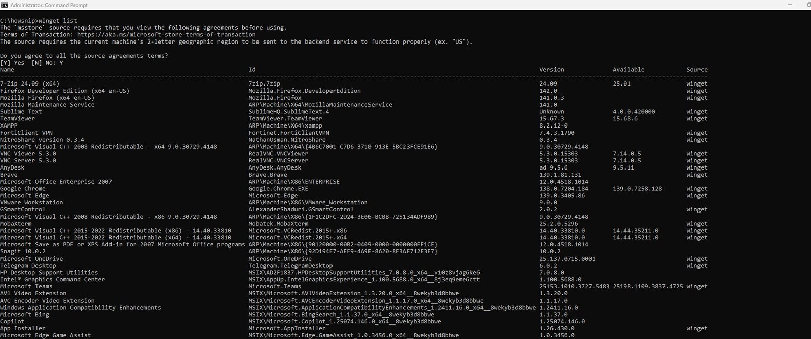 winget list command - howsnip
